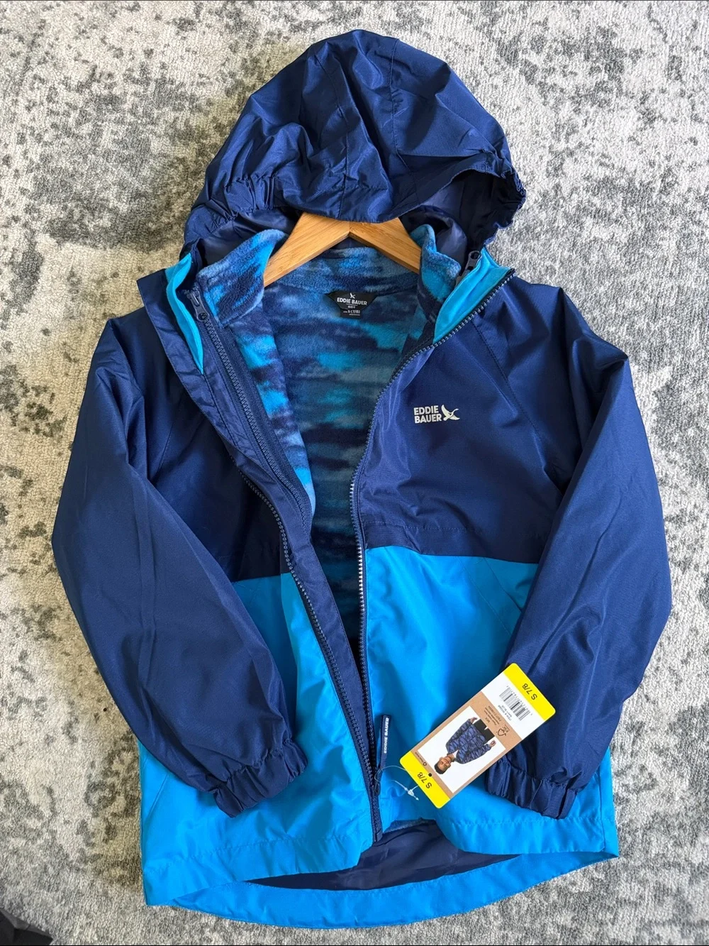 NWT Eddie Bauer 3in1 Navy Blue Kids' Waterproof Hooded Jacket small 7/8
